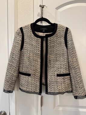 Ann Taylor Ivory Tweed Jacket with Black Trim